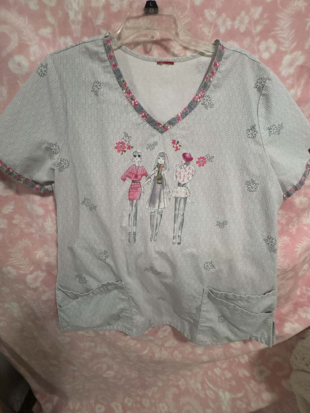 Dickies Women's V-Neck Scrub Top with Fashion Illustration Print, Size Large